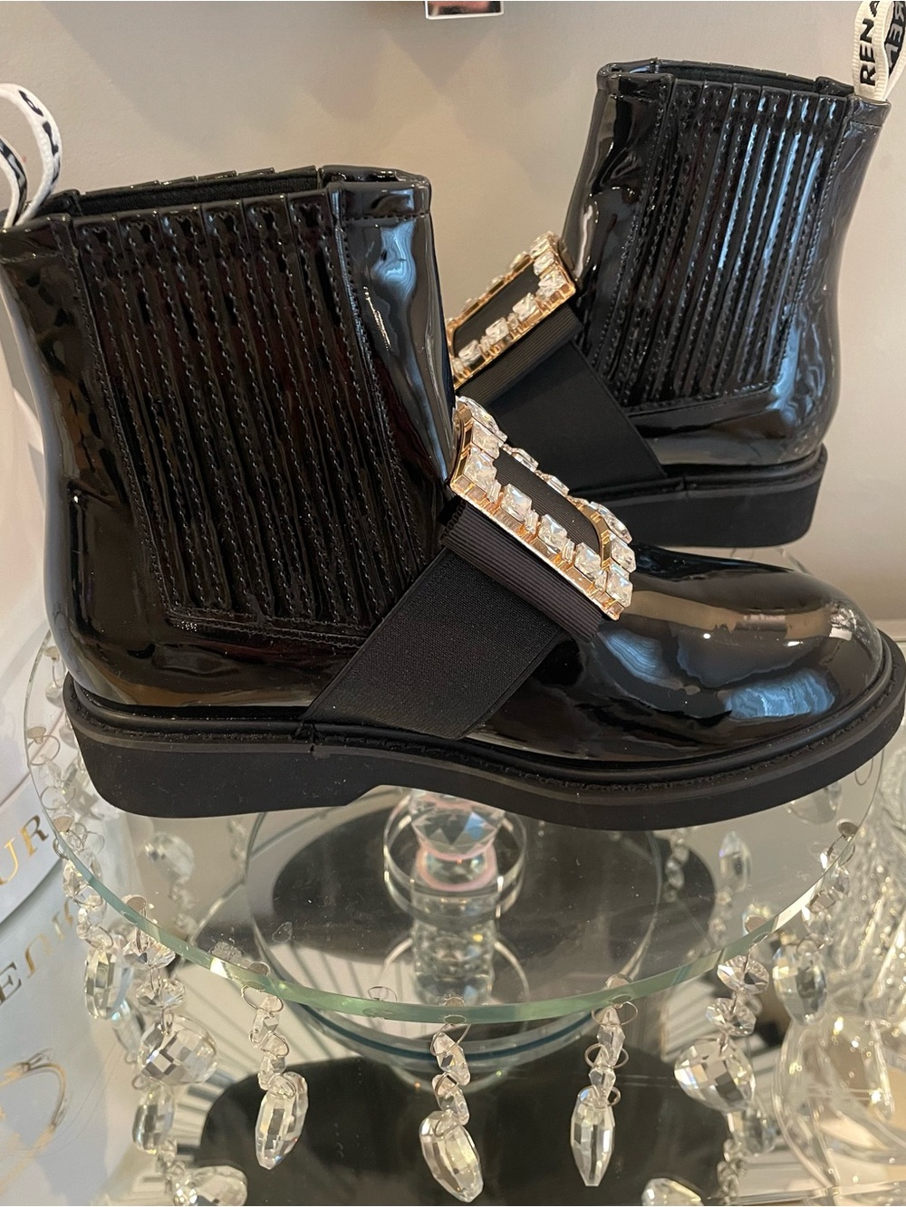 Black Patent Jewel-Buckle Chelsea Boots - Women - Picture 3 of 5